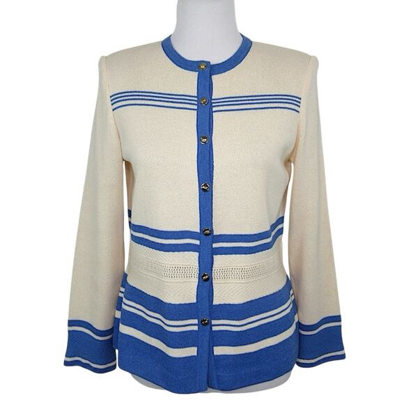 ST. JOHN Santana Knit Cream & Blue Striped Button Front Jacket Women's Size 4 - Picture 1 of 13